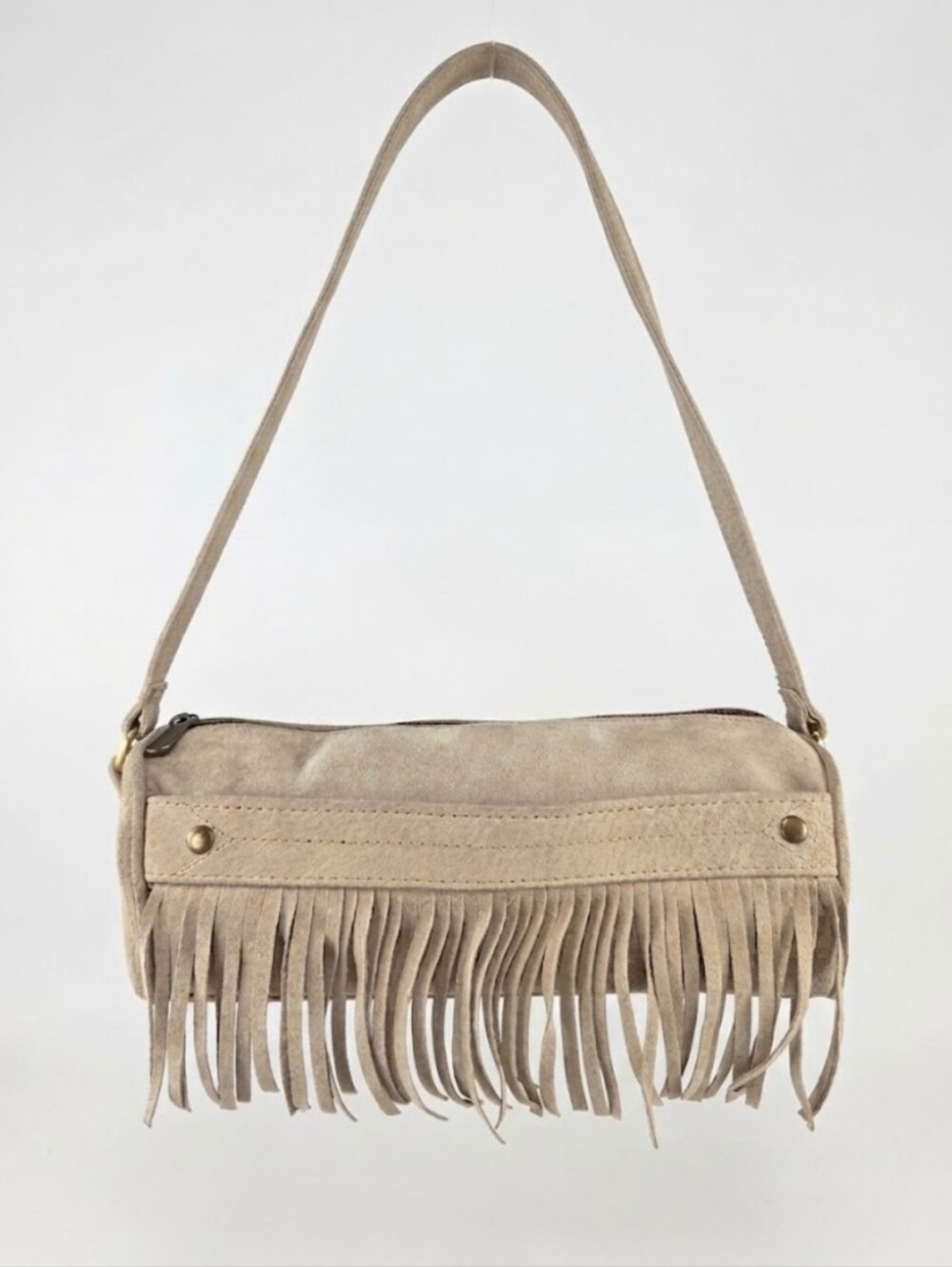 Vintage Candie's Y2K Beige Suede Fringe Barrel Shoulder Bag